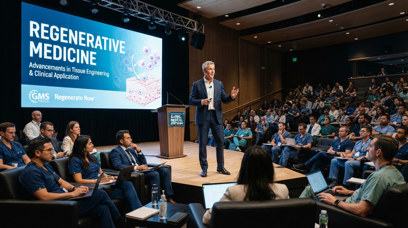James Epolito delivering a regenerative medicine lecture to an audience of healthcare professionals in a modern conference setting
