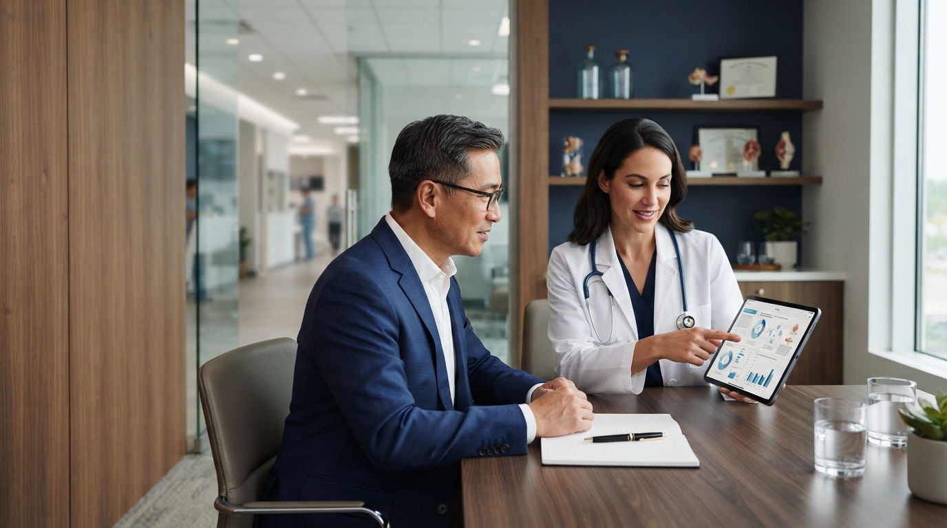 A physician in a white coat reviewing Regenative Labs product portfolio materials with a clinic owner in a modern medical office