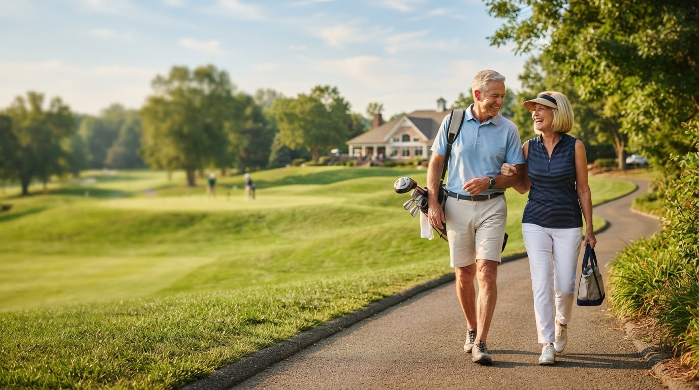 Active adults walking comfortably on a sunny golf course path, representing an active lifestyle