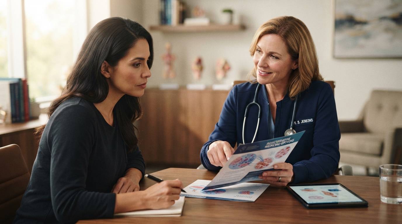 A medical provider explaining regenerative medicine options to a patient using a printed educational brochure