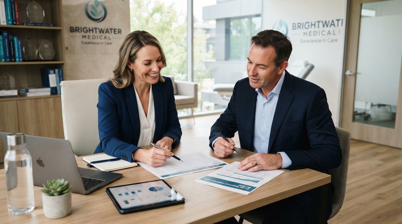 Consultant and clinic owner reviewing an assessment checklist and strategy documents in a modern medical office