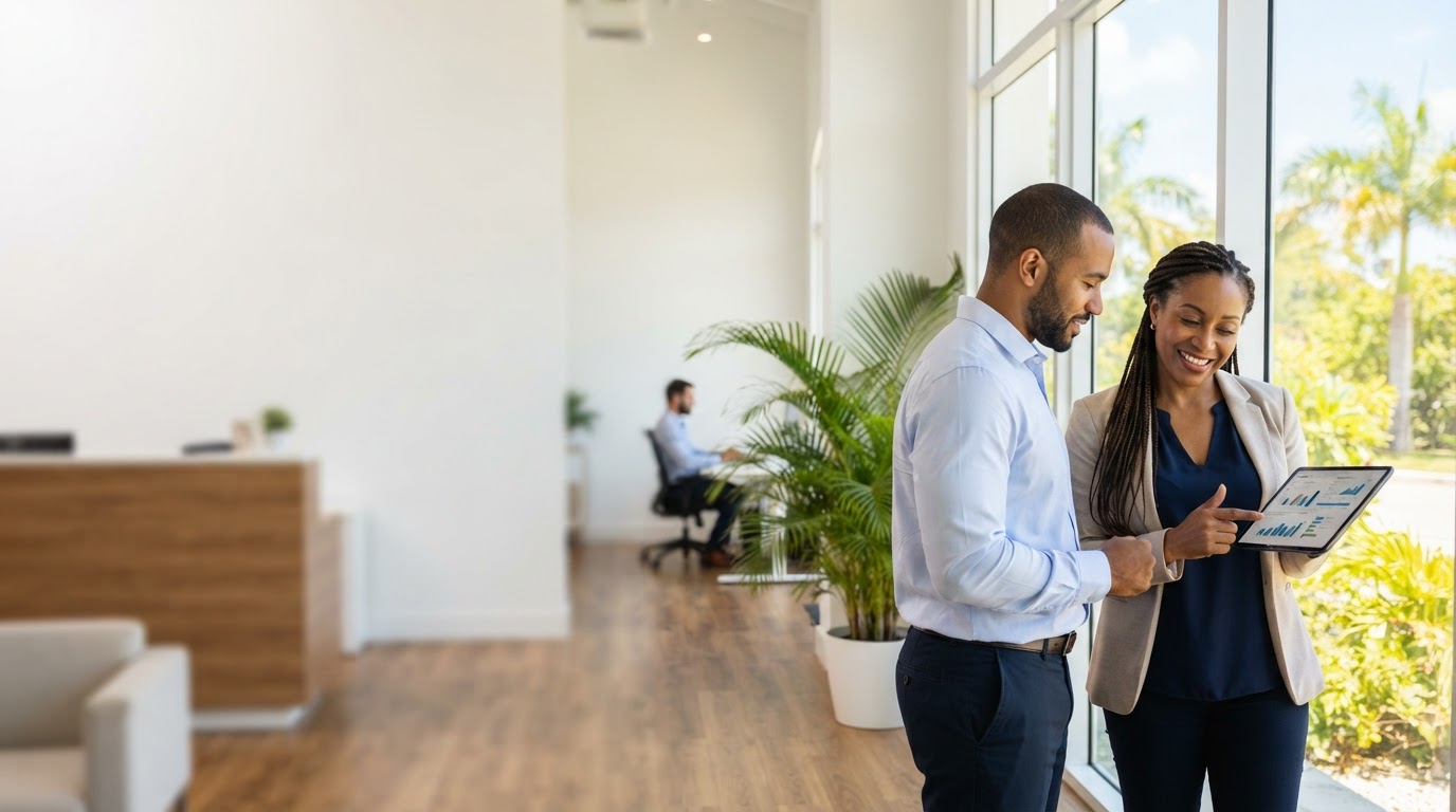 Healthcare practitioners reviewing revenue growth systems in a bright clinic