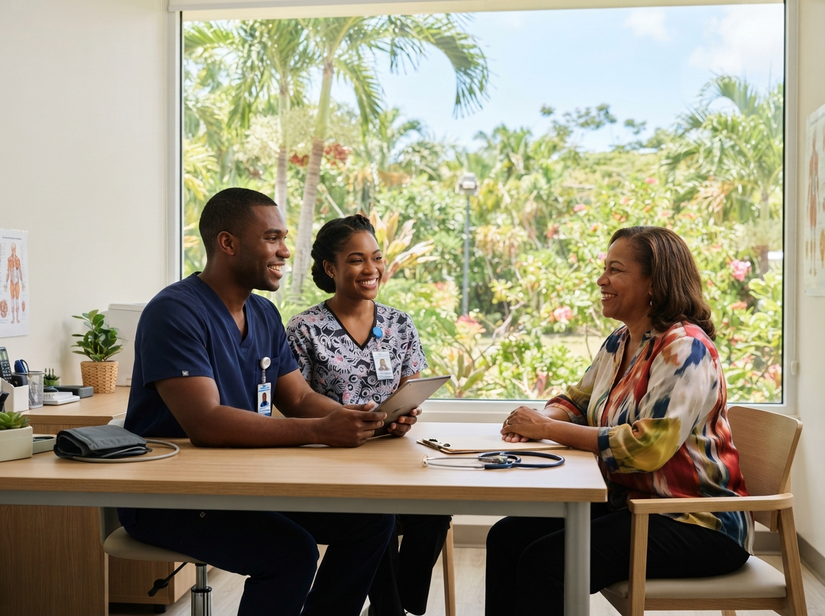 Healthcare team in a clinic — a doctor consulting with a patient while a nurse assists