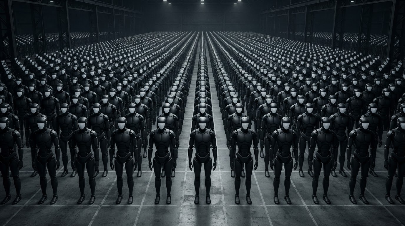 Sea of identical AI robots representing the pattern problem and generic AI output