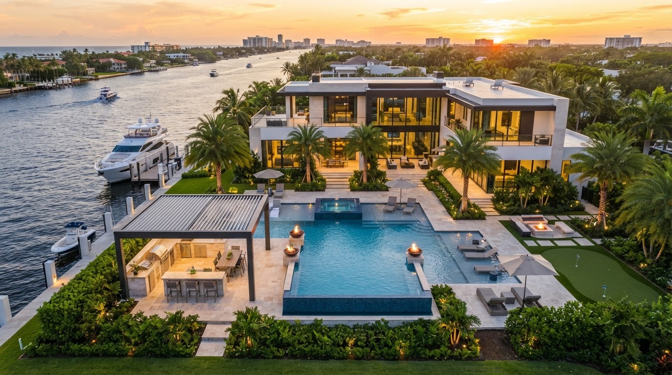 Aerial eagle-eye view of luxury Miami modern mansion backyard with custom infinity pool, jacuzzi, louvered pergola, and outdoor kitchen at golden hour