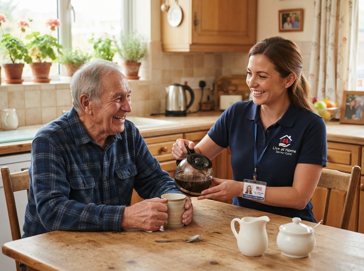 Caregiver in a navy polo shirt with Live at Home Senior Care logo badge serving coffee and chatting with a senior client