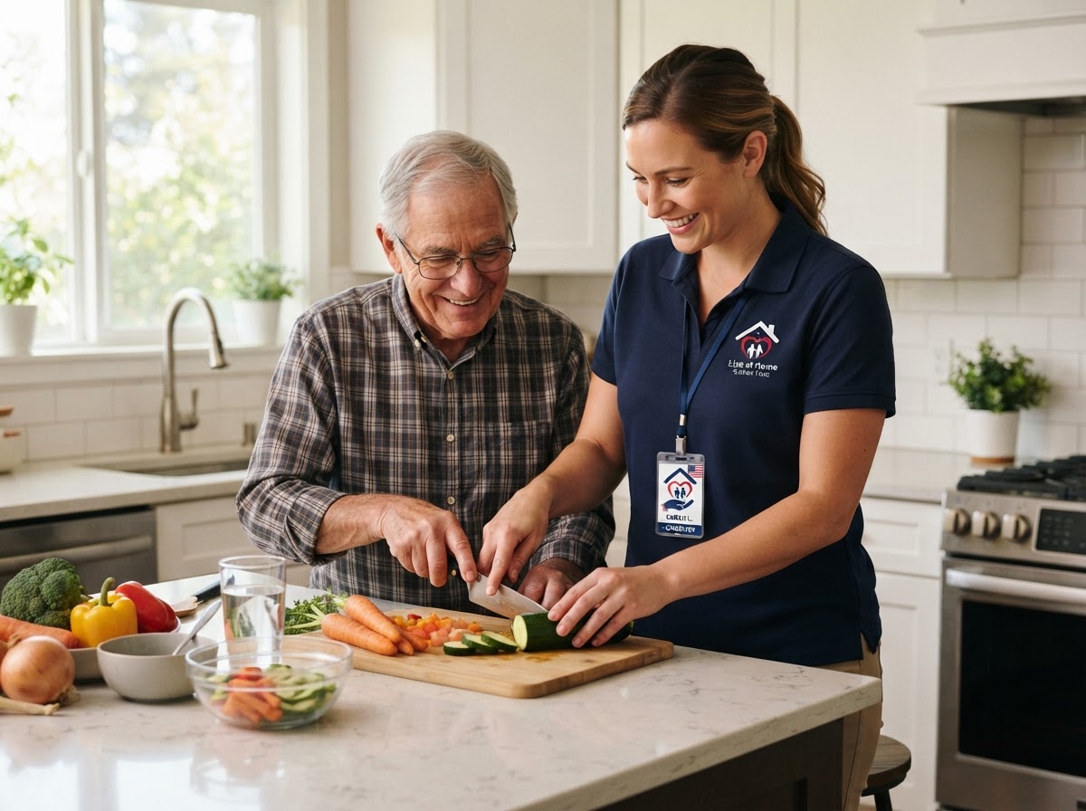 Caregiver in a navy polo shirt with Live at Home Senior Care logo badge helping senior prepare meals in kitchen