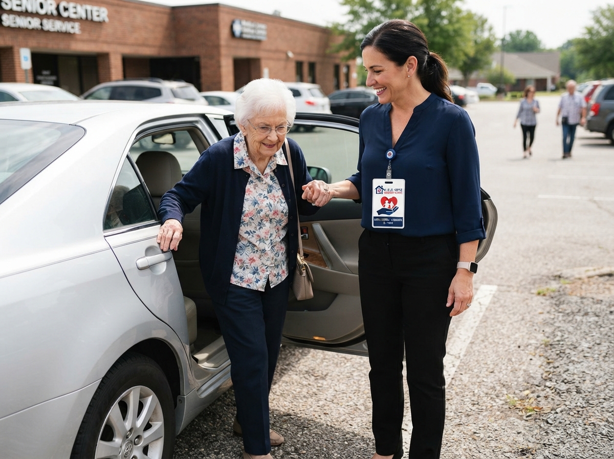Caregiver in business casual clothing with Live at Home Senior Care logo badge escorting senior from vehicle