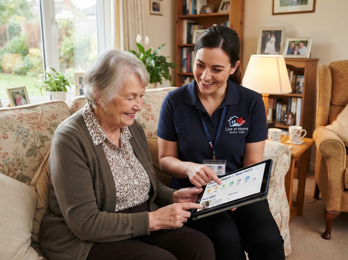 Caregiver in a navy polo shirt with Live at Home Senior Care logo badge reviewing care plan with senior client
