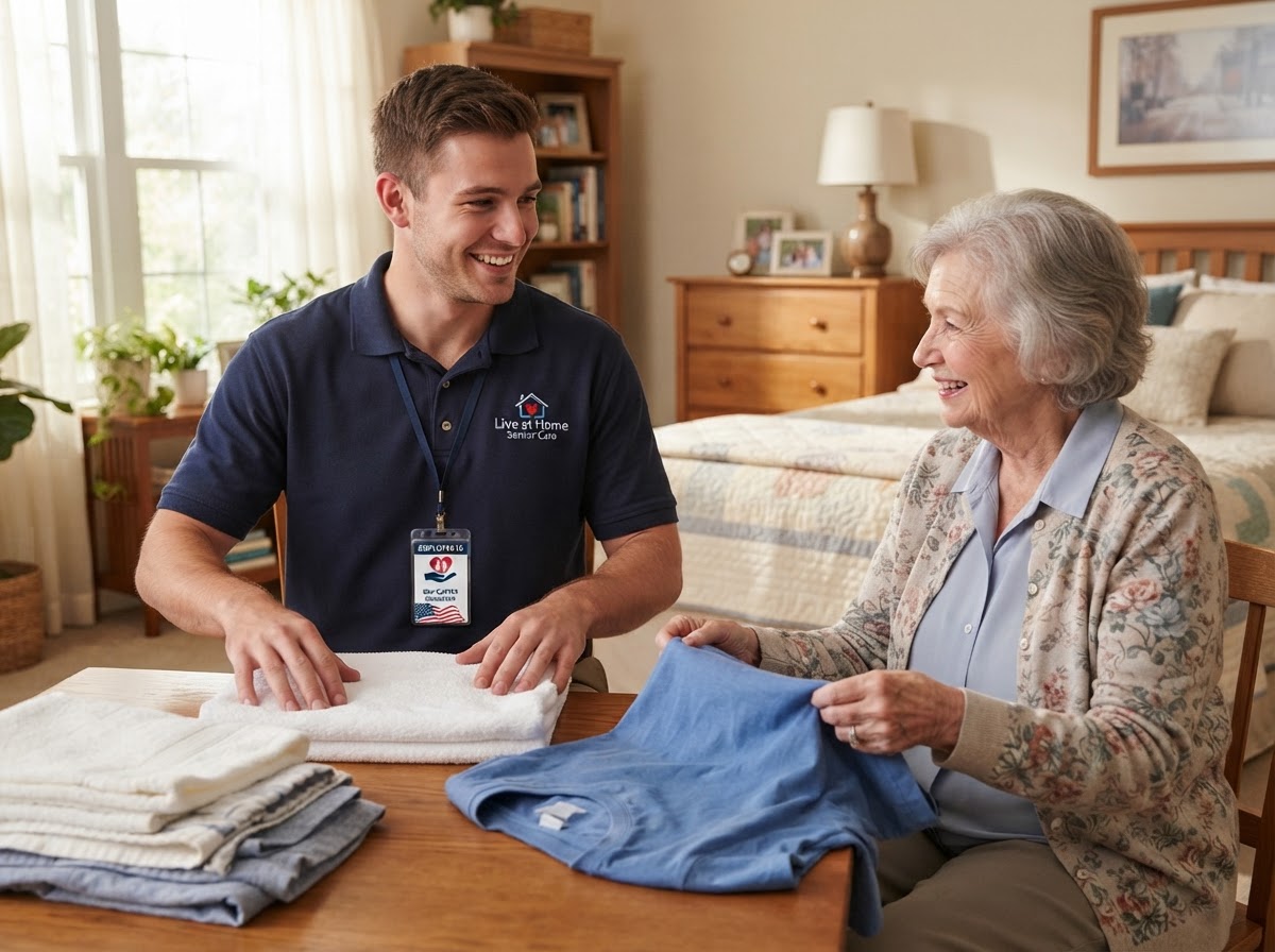 Caregiver in a navy polo shirt with Live at Home Senior Care logo badge assisting senior with light household duties
