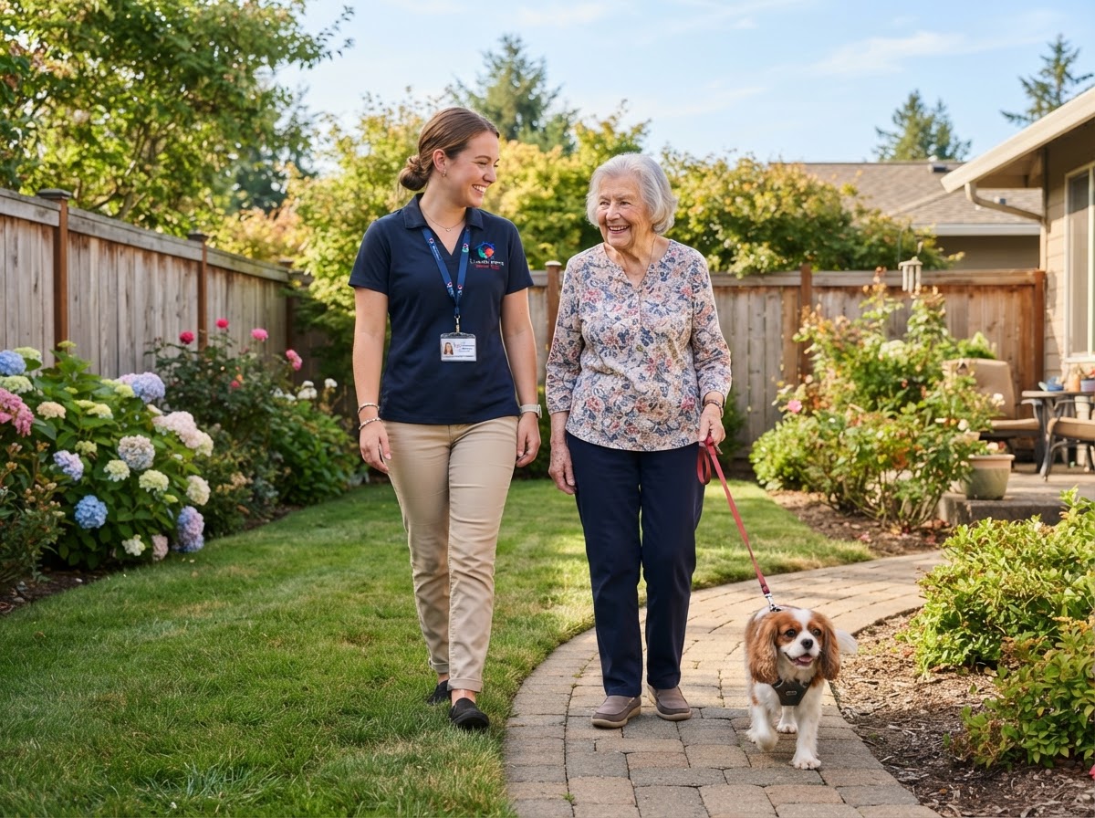 Caregiver in a navy polo shirt with Live at Home Senior Care logo badge helping senior client with pet care