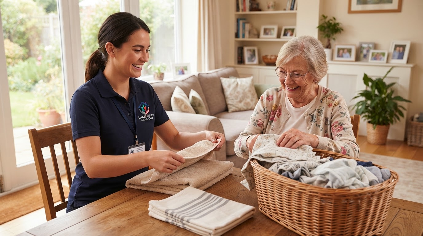 Caregiver in a navy polo shirt with Live at Home Senior Care logo badge helping senior woman fold laundry at home