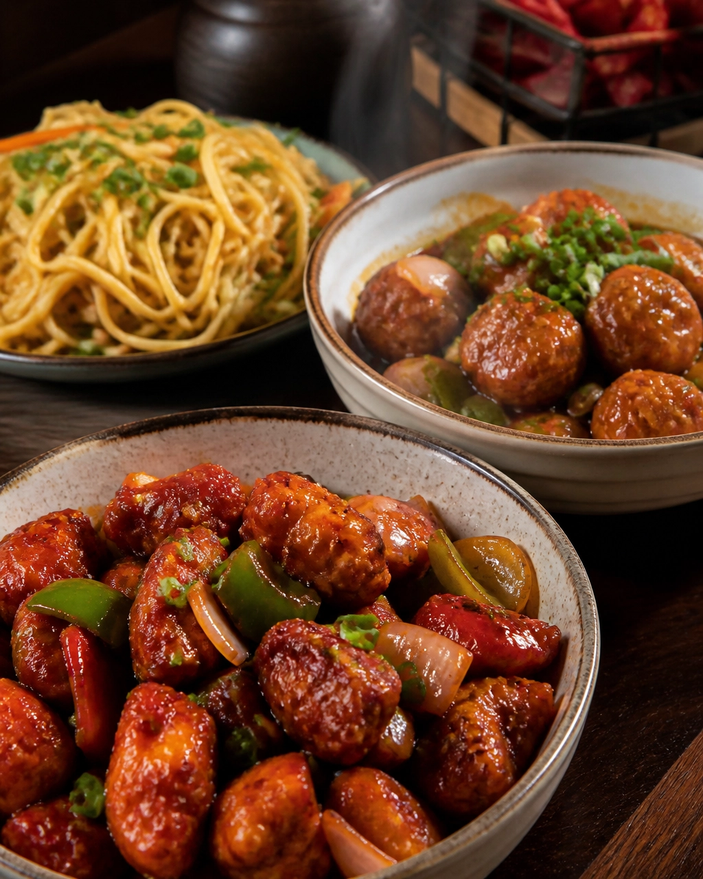 Photorealistic Chilly Chicken, Manchurian Chicken, and Hakka noodles served at a restaurant
