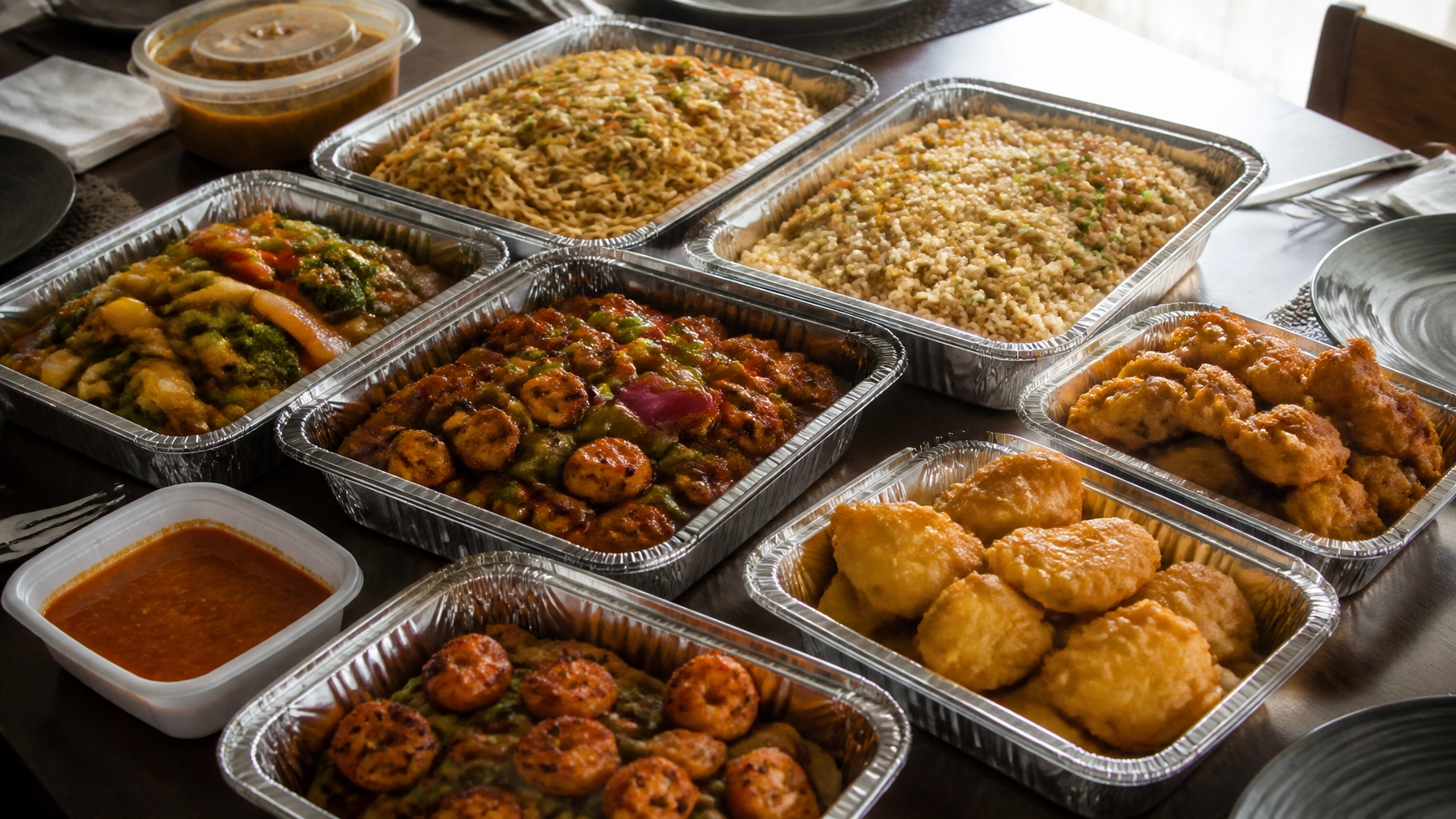 Photorealistic family-style party trays with Hakka noodles, fried rice, pakoras, prawns, vegetable, and paneer dishes
