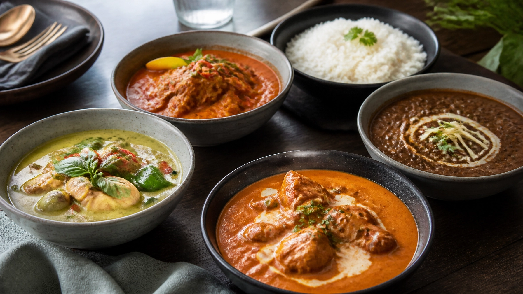 Photorealistic Thai curries, Butter Chicken, Dal Makhani, and rice arranged on a restaurant table