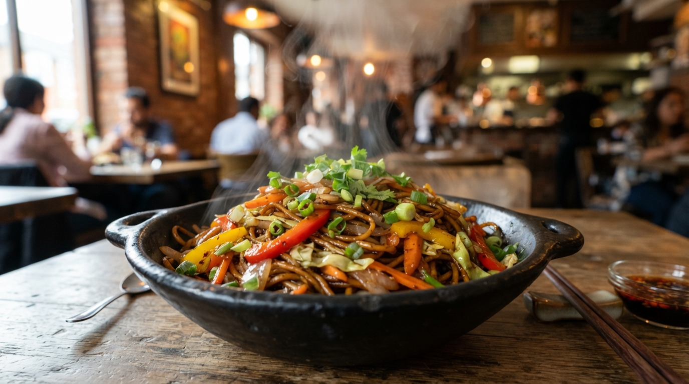 Vegetable Hakka noodles with colorful bell peppers, cabbage, and scallions in a black bowl