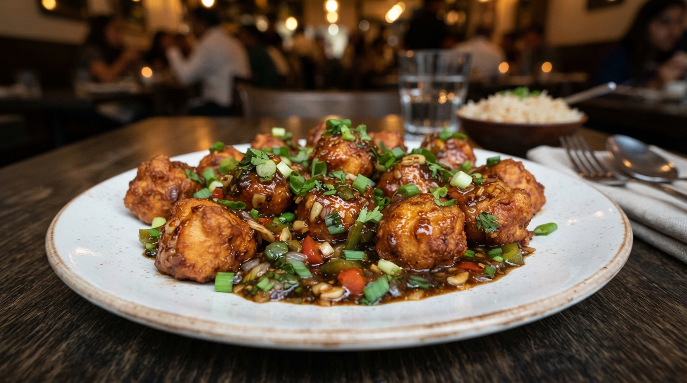 Paneer Manchurian in glossy dark sauce with green onions and bell peppers on a white plate