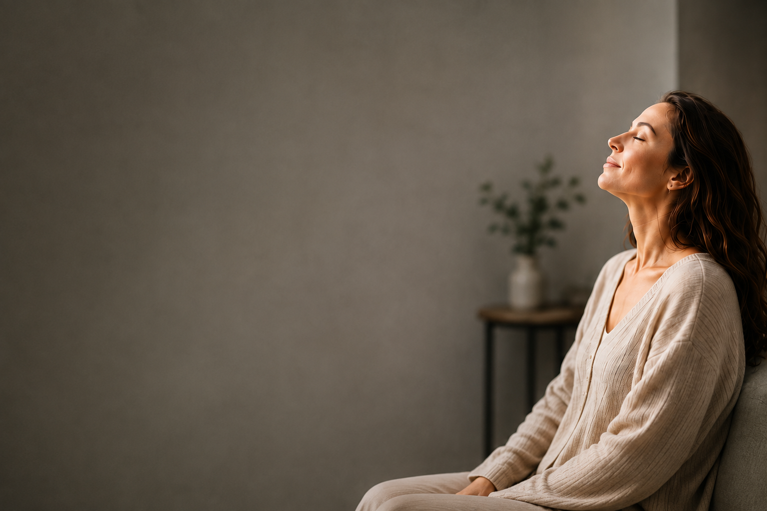 Woman leaning back comfortably with her eyes closed in a calm, serene setting