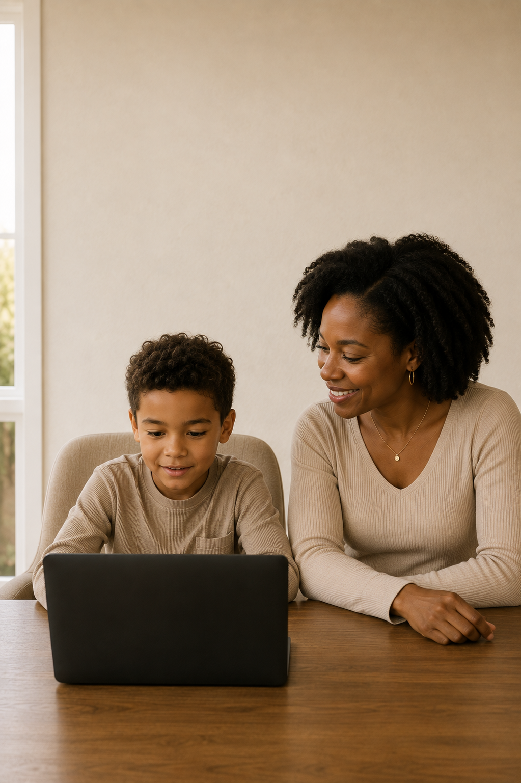 Mother and child at laptop for virtual pediatric myofunctional therapy session