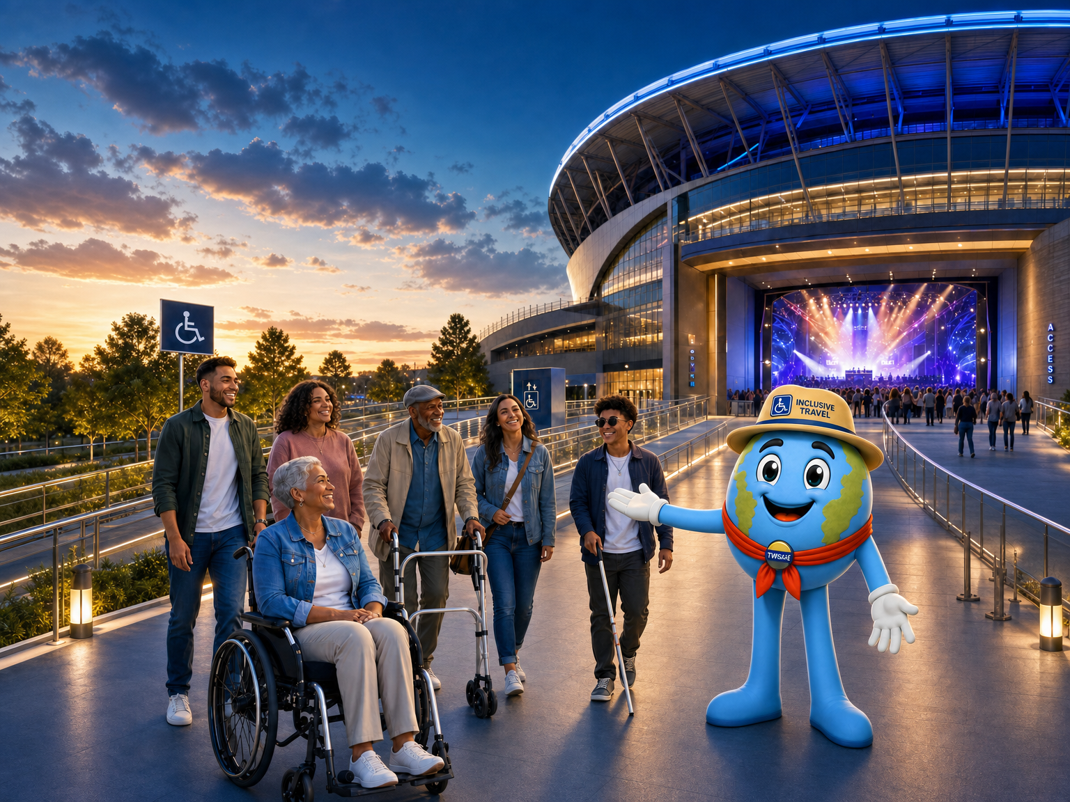Diverse travelers including wheelchair users, walker users, cane users and Boley mascot arriving at an accessible stadium for sports & entertainment events