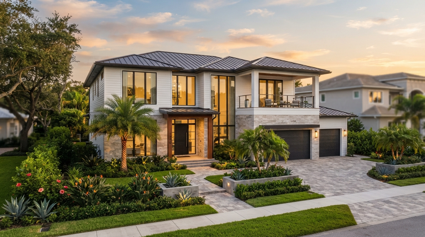 Beautiful modern Tampa Bay home exterior at golden hour