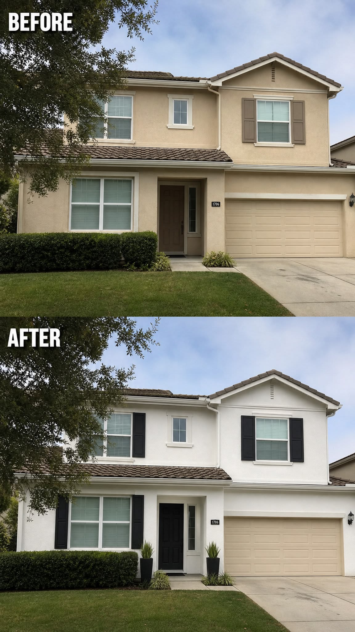 Refreshed Florida home exterior with clean white siding and landscaping