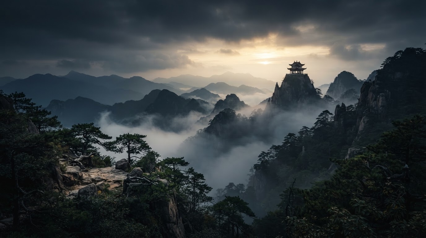 Misty mountain landscape at dawn with a distant temple pavilion