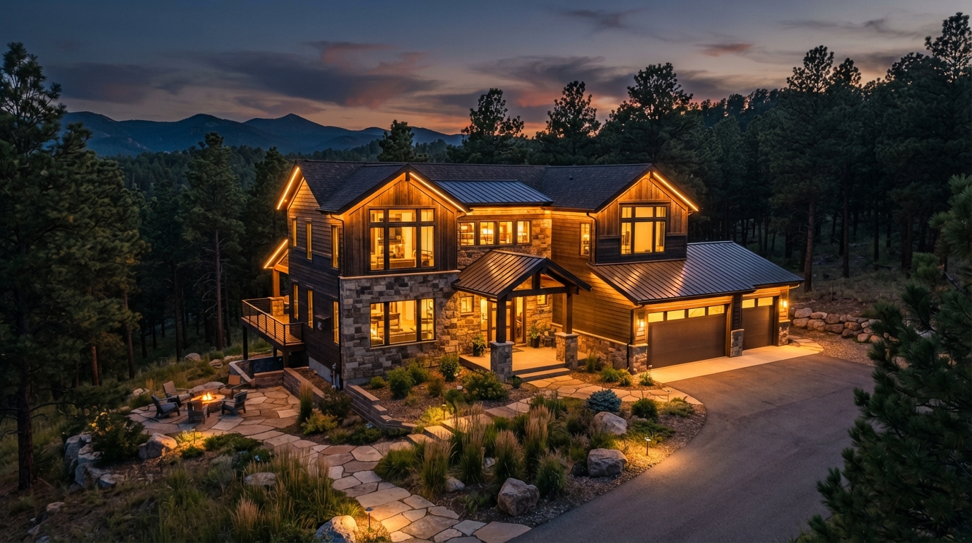 Permanent LED trim lighting installed on a Rapid City South Dakota home at dusk with warm amber glow