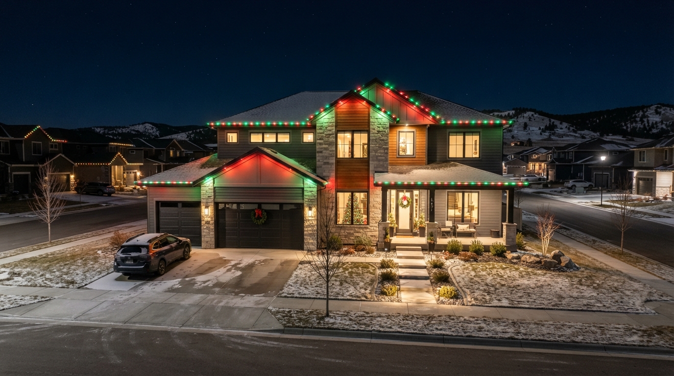 Permanent LED holiday lighting on a new construction home in Summerset South Dakota