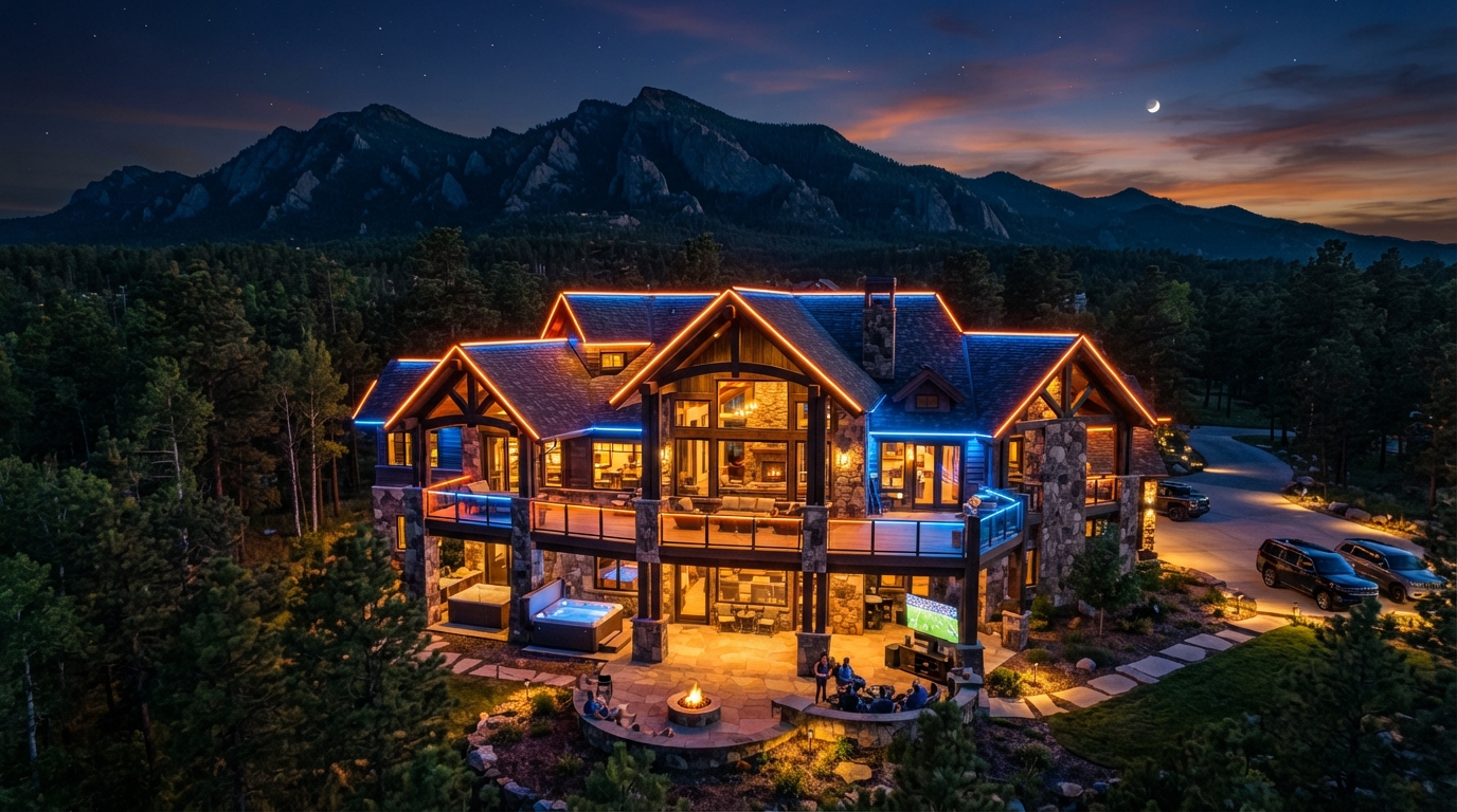 Permanent LED game day and accent lighting on a Sturgis South Dakota home with Black Hills backdrop