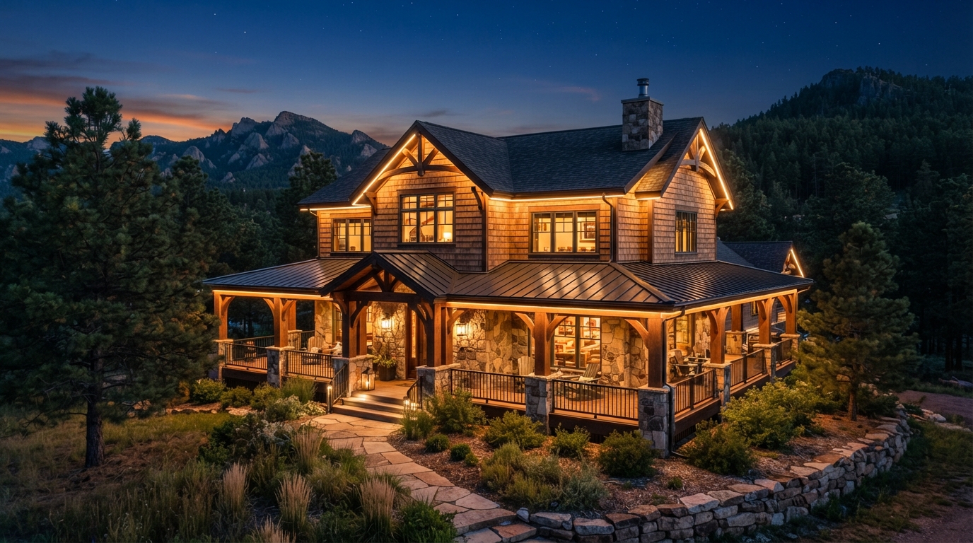 Permanent LED accent and security lighting on a Hill City South Dakota home in the Black Hills