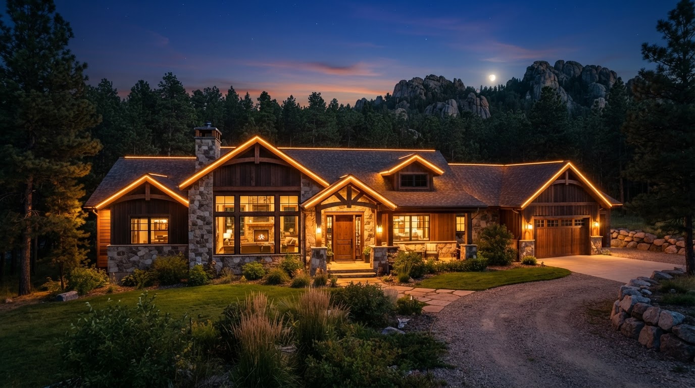 Permanent LED accent lighting on a Custer South Dakota home near Custer State Park