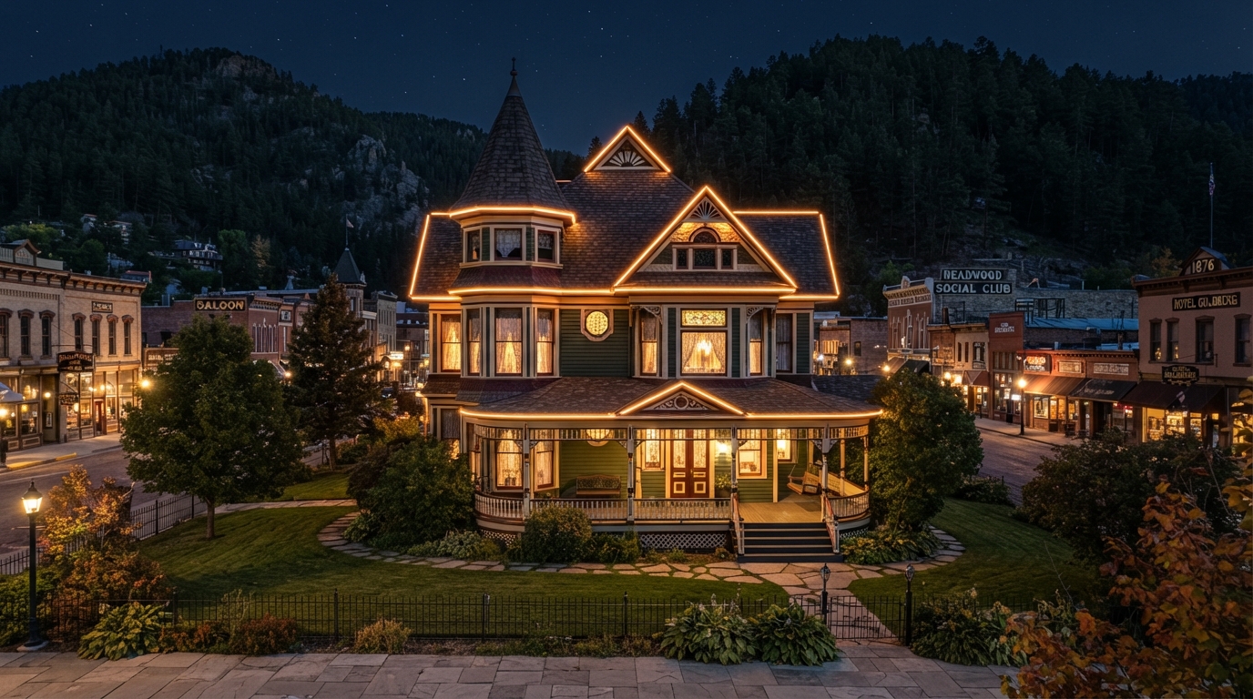 Permanent LED accent lighting on a Deadwood South Dakota historic home in the Black Hills