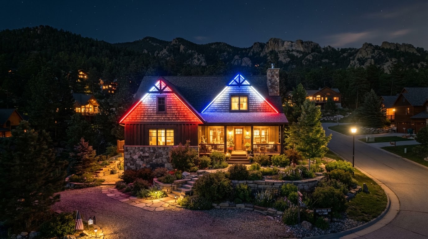 Permanent LED game day lighting on a Keystone South Dakota home near Mount Rushmore
