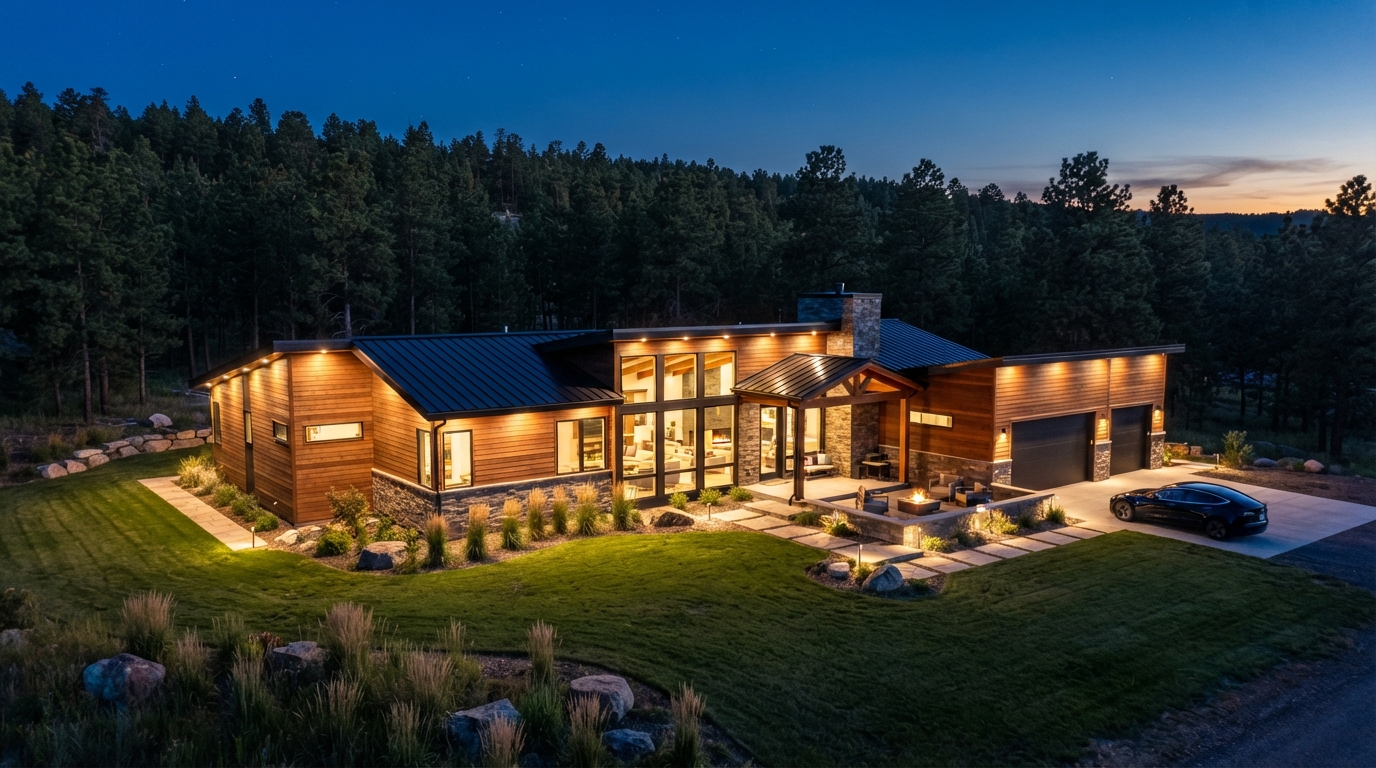Permanent LED security and accent lighting on a Black Hawk South Dakota home at twilight