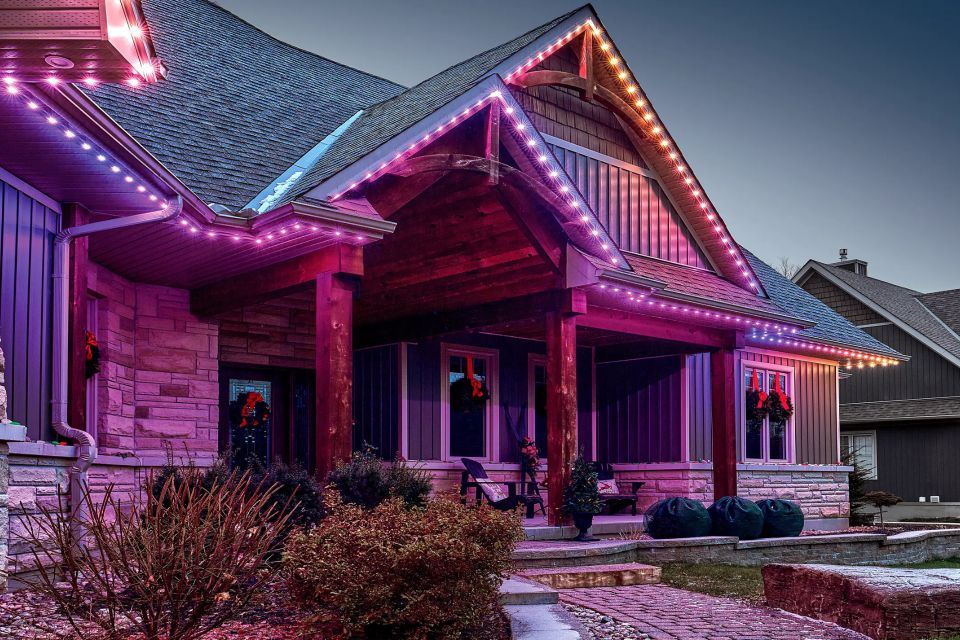 Elite Strata Package commercial-grade aluminum channel permanent LED lighting on a South Dakota home
