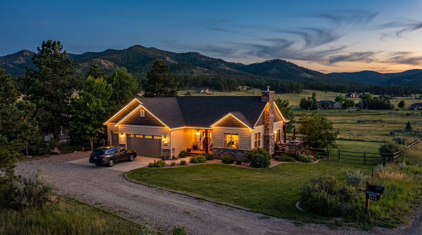 Permanent LED game day and accent lighting on a Whitewood South Dakota home in the northern Black Hills