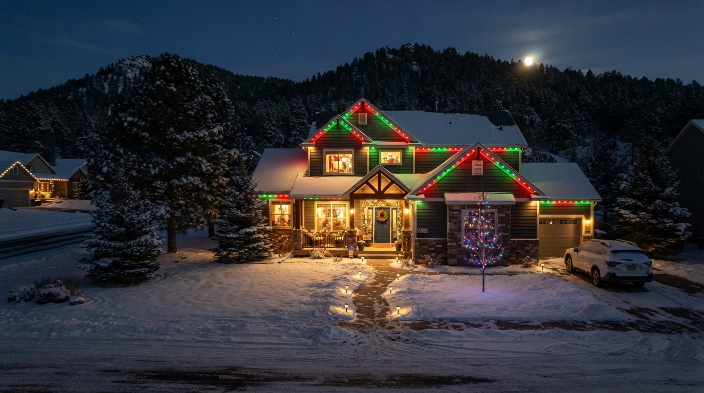 Holiday permanent LED trim lighting on a Box Elder South Dakota home near Ellsworth AFB