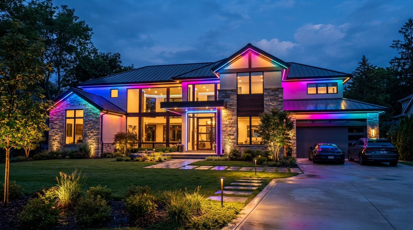 BXT Lighting permanent LED trim system installed on a Rapid City South Dakota home at night with vibrant programmable colors