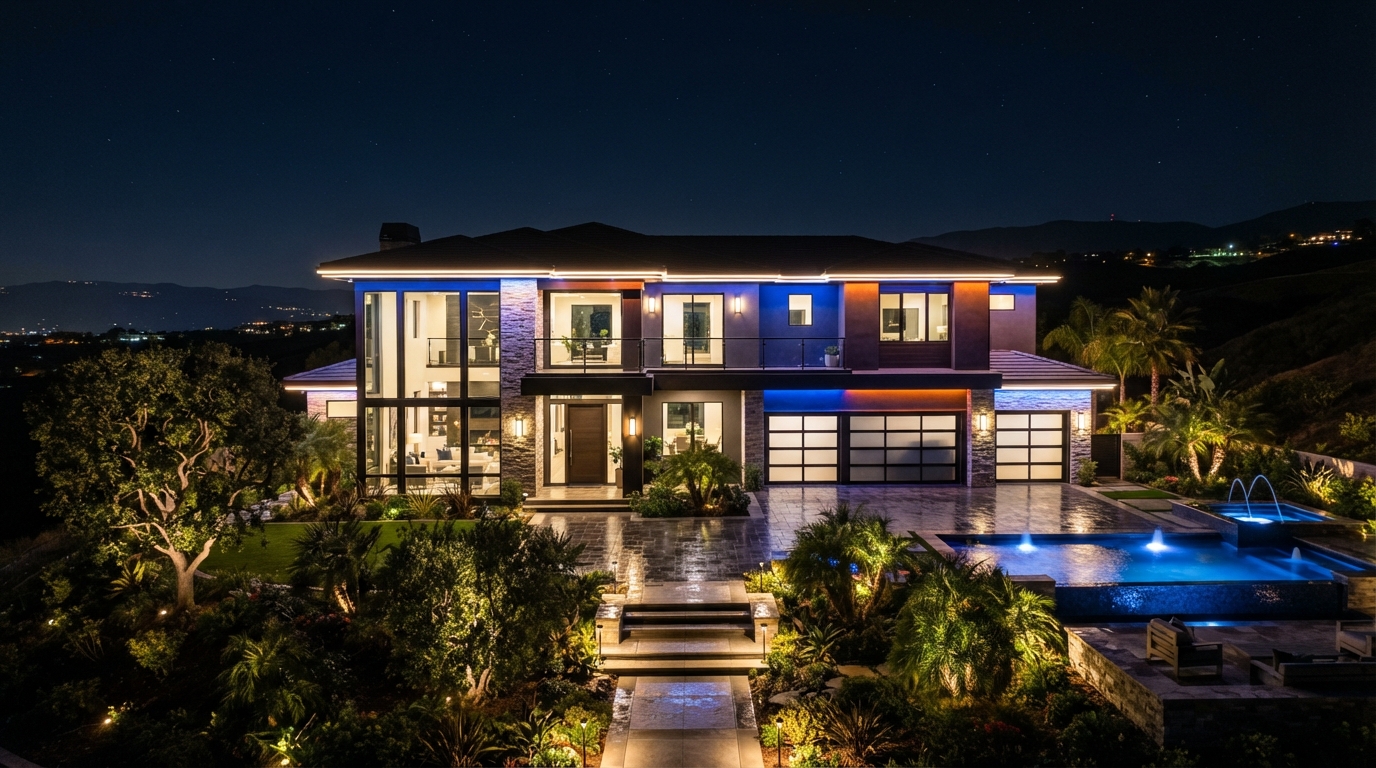 BXT Lighting permanent LED trim system illuminating a modern home at night with programmable colors in Rapid City SD