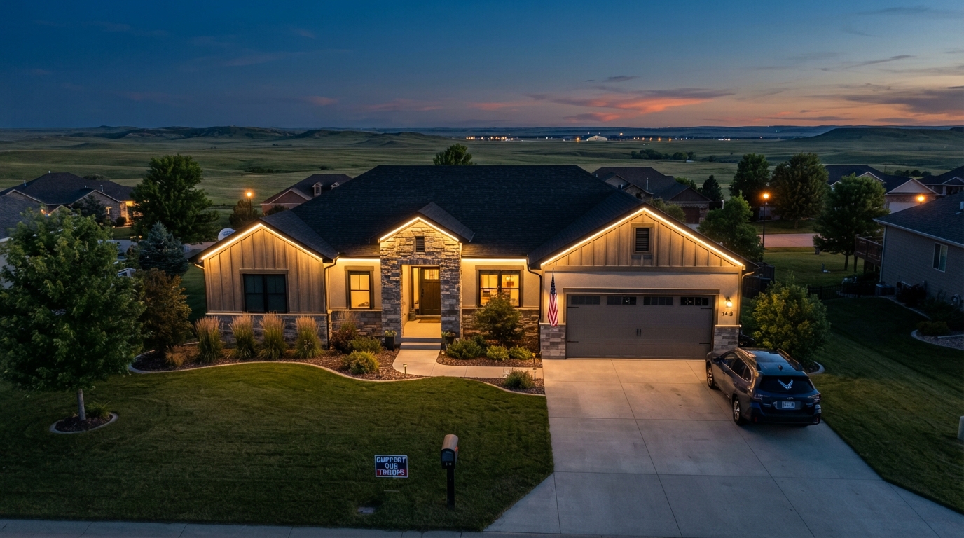 Permanent LED holiday lighting on a home near Ellsworth Air Force Base South Dakota