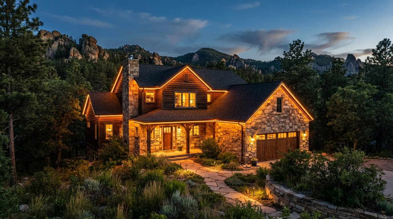 Permanent LED accent lighting on a Hot Springs South Dakota home with sandstone architecture