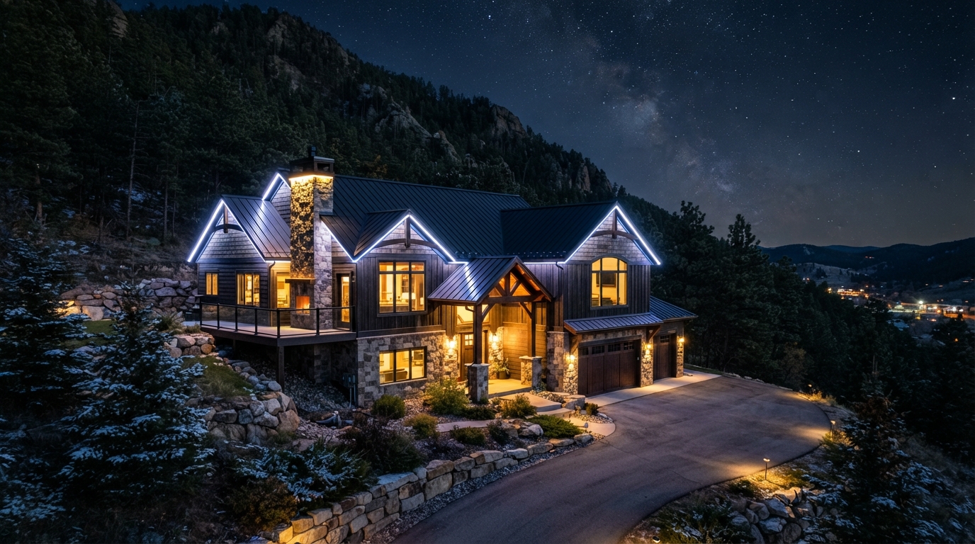 Permanent LED game day lighting on a Lead South Dakota home in the high Black Hills