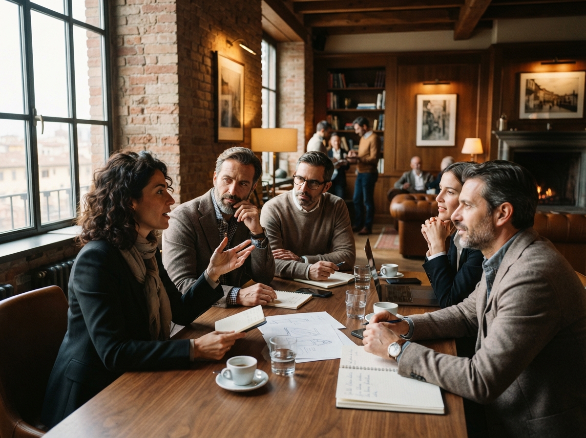 Imprenditori in discussione strategica durante un incontro Xpert Circle