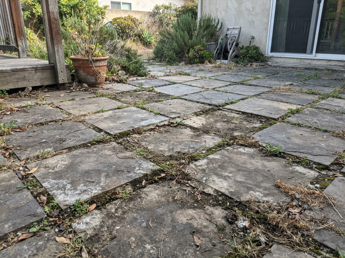 Outdoor patio grout restoration before and after in Pinole, CA