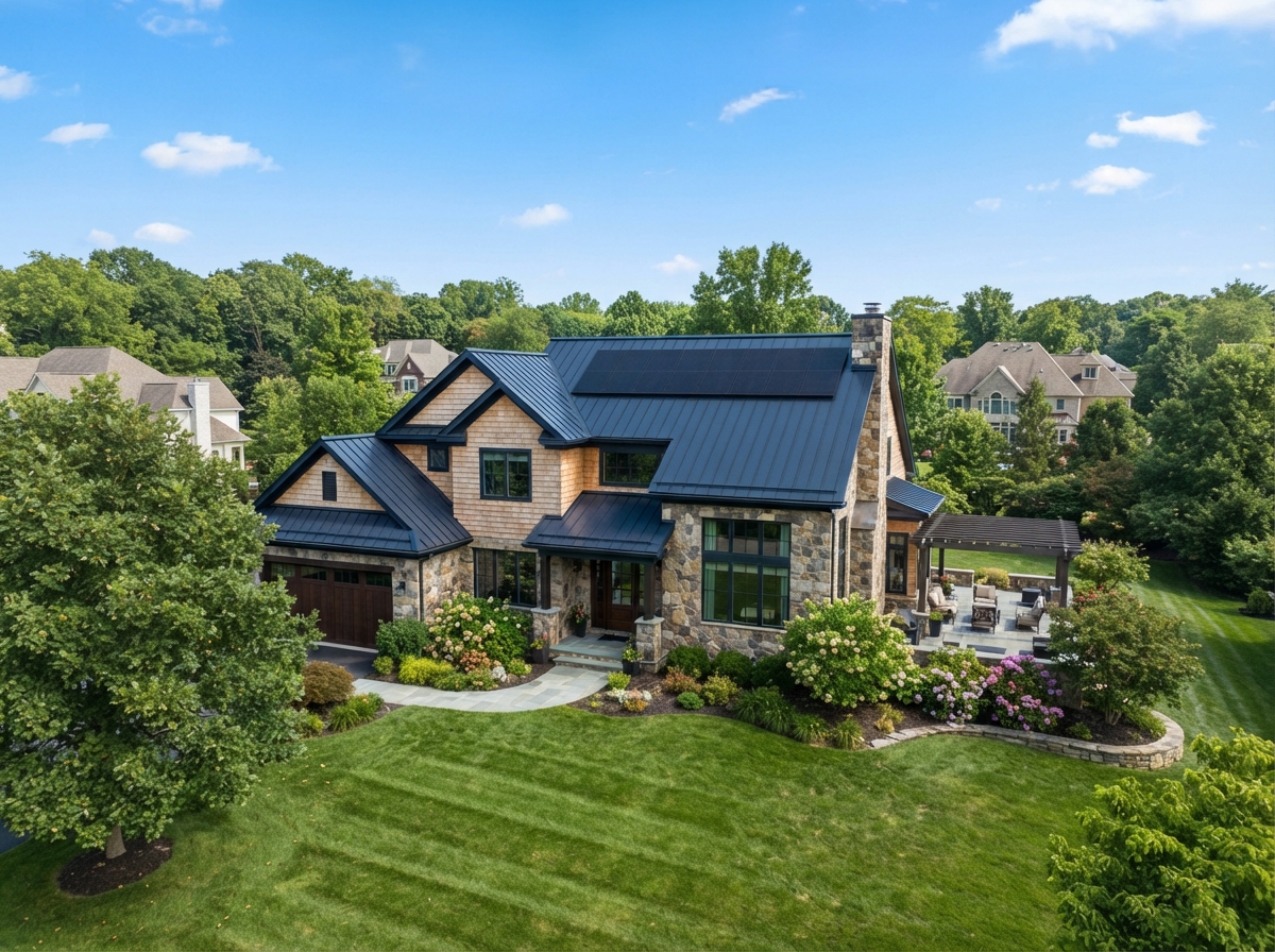 A Pennsylvania home with rooftop solar panels producing electricity on a sunny day