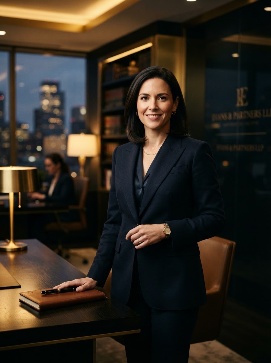 Cinematic portrait of a confident attorney in a modern law office with warm golden lighting