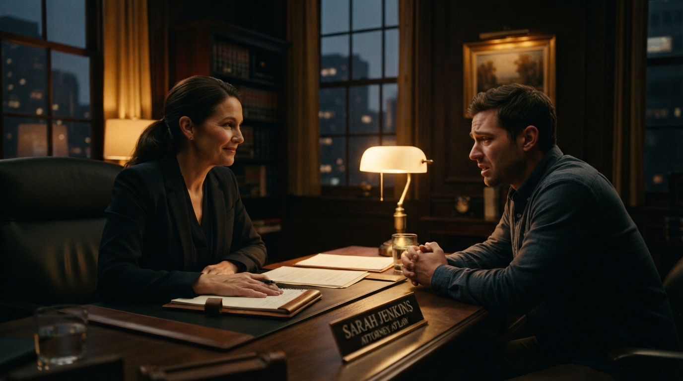 Cinematic scene of a client consultation in a law office