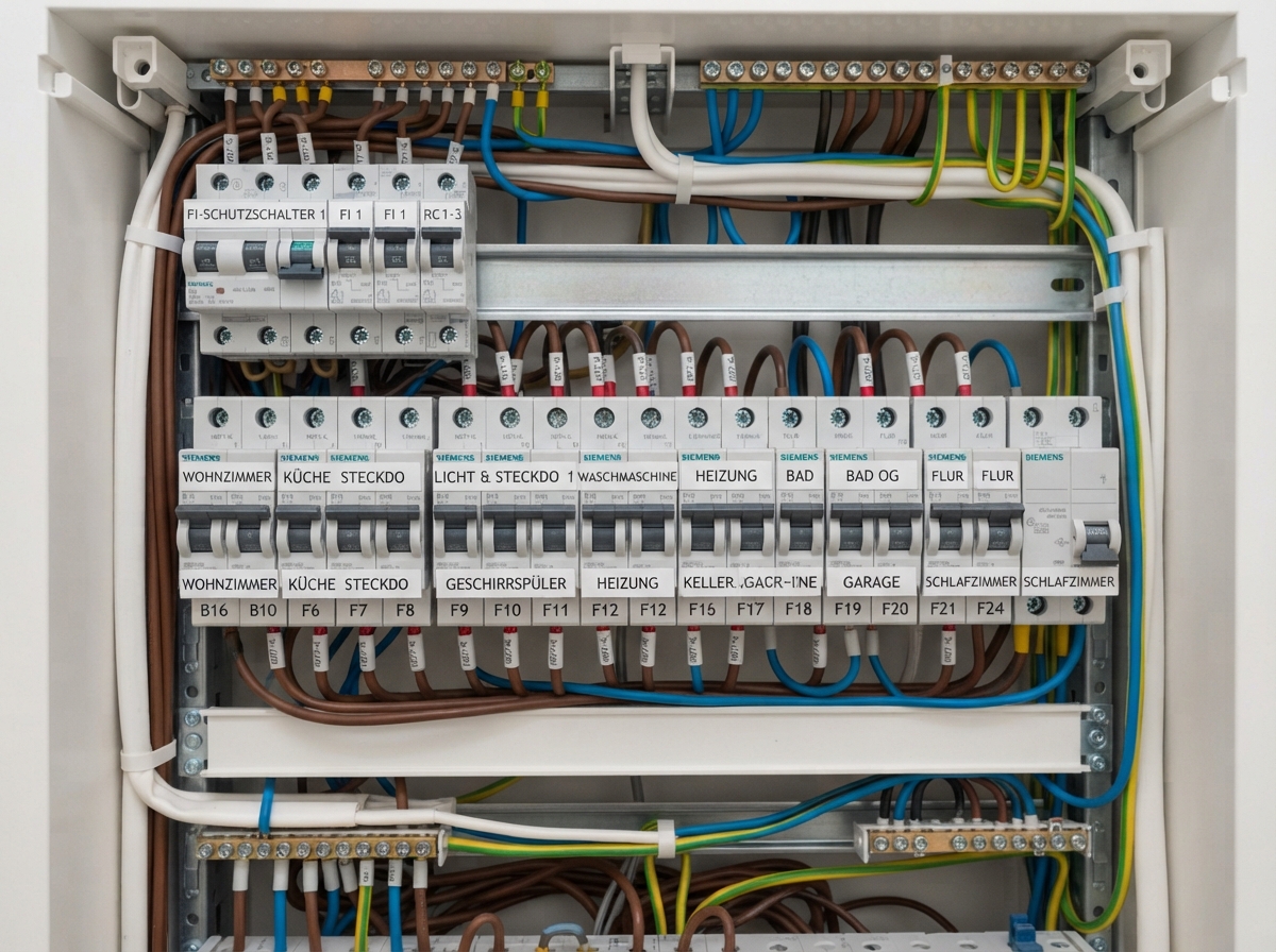 Klar beschriftete Sicherungsautomaten in einer modernen Elektroverteilung