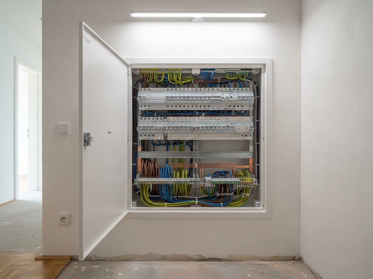 Modern installierter Verteilerkasten mit beschrifteten Stromkreisen — professionelle Arbeit von ELT.MTN Elektrotechnik